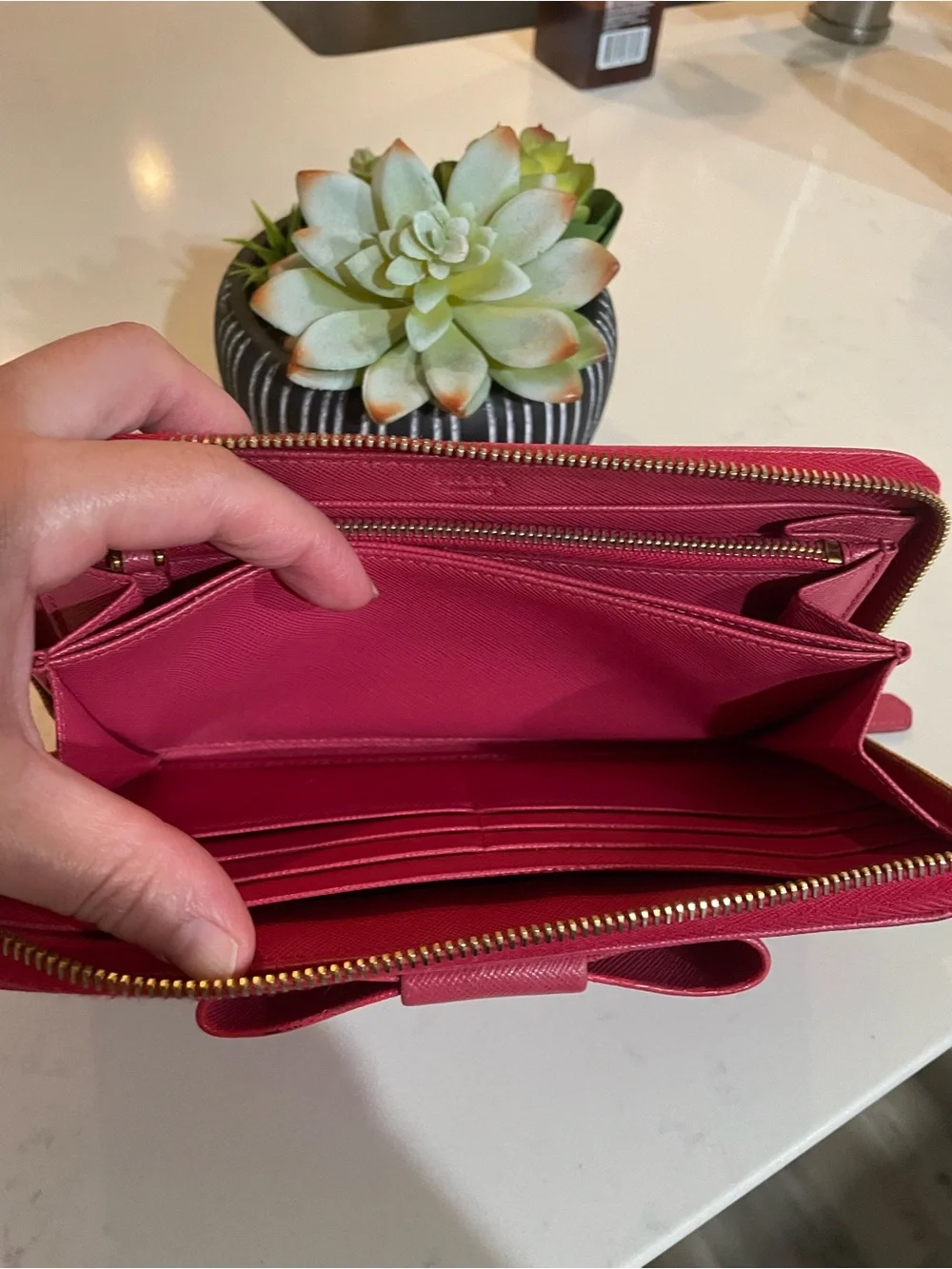 GUC Prada Pink Saffiano Metal Leather Bow Continental Wallet